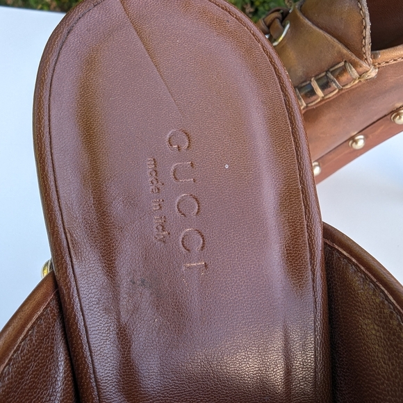 Gucci Brown Leather Mules with Metallic Gold Studs - Picture 6 of 13